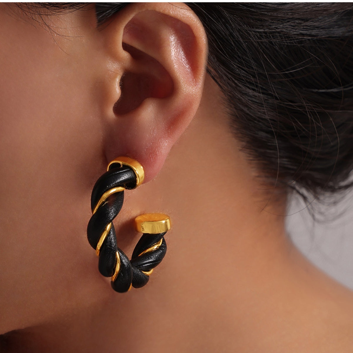 Twisted Leather Rope C-Hoop Earrings